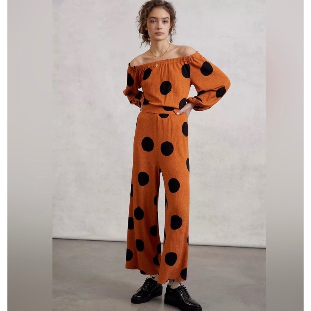 Farm Rio Mirana Polka Dot Wide Leg Jumpsuit Rust Orange Black size S NWOT